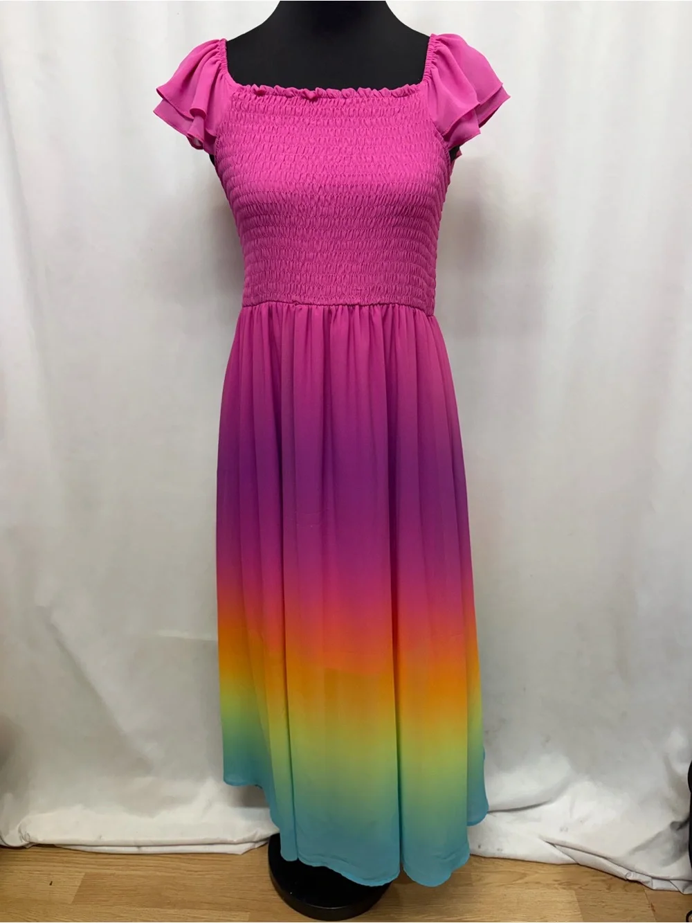 Justice Girls XL 16 18 Rainbow Ombre Smocked Maxi Dress Flutter Sleeve Dress